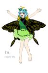  1girl absurdres antennae aqua_hair bare_legs barefoot brown_eyes butterfly_wings derivative_work dress eternity_larva fairy green_dress highres korean_commentary kuya_(hey36253625) leaf leaf_on_head multicolored_clothes multicolored_dress outstretched_arms short_sleeves simple_background single_strap toes touhou translation_request white_background wings 