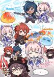  ... 2boys 2girls :t ;d ^_^ annoyed blue_hair blush brown_hair chibi closed_eyes diluc_(genshin_impact) english_text eyepatch fish fur_trim genshin_impact half-closed_eyes happy hat holding holding_sword holding_weapon hu_tao_(genshin_impact) jellyfish kaeya_(genshin_impact) multiple_boys multiple_girls one_eye_closed pants pink_hair polearm red_eyes redhead sangonomiya_kokomi shorts slime_(genshin_impact) smile sweatdrop sword thigh-highs thought_bubble thumbs_up top_hat trench_coat twintails weapon wide_sleeves 