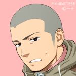  1boy black_eyes black_hair commentary_request frown hood hoodie itto_(mentaiko) layered_clothing looking_at_viewer lowres male_focus original pink_background pink_shirt shaved_head shirt 