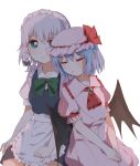  2girls apron ascot bangs bat_wings blue_dress blue_eyes blue_hair blush bow bowtie braid breasts closed_eyes closed_mouth collared_dress collared_shirt commentary_request dress eyebrows_visible_through_hair frills gem green_bow green_bowtie grey_hair hair_between_eyes hair_bow hat hat_ribbon izayoi_sakuya jewelry looking_at_another maid maid_headdress medium_breasts mob_cap multiple_girls open_mouth pink_dress pink_headwear puffy_short_sleeves puffy_sleeves red_ascot red_ribbon remilia_scarlet ribbon sasaki_sakiko seiza shirt short_hair short_sleeves simple_background sitting sleeping smile touhou twin_braids white_apron white_background white_shirt wings 