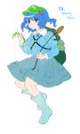  1girl absurdres backpack bag bangs blue_eyes blue_footwear blue_hair blue_shirt blue_skirt boots closed_mouth collared_shirt commentary_request derivative_work flat_cap frilled_shirt_collar frills full_body green_bag green_headwear hair_bobbles hair_ornament happy hat highres kappa kawashiro_nitori key korean_commentary kuya_(hey36253625) long_sleeves medium_hair mountain_of_faith pocket rubber_boots shirt short_twintails simple_background skirt smile touhou translation_request twintails two_side_up white_background 