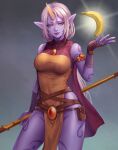  1girl armlet banana breasts brown_gloves colored_skin covered_navel earrings fingerless_gloves food fruit gloves grey_background highres holding holding_staff horns jewelry league_of_legends long_hair looking_at_viewer medium_breasts necklace nyaamen_fork pointy_ears pouch purple_skin single_horn solo soraka_(league_of_legends) staff standing tattoo white_hair yellow_eyes yellow_horns 