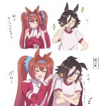  2girls animal_ears blush breasts brown_eyes brown_hair closed_eyes cold commentary_request daiwa_scarlet_(umamusume) eyebrows_visible_through_hair fang hair_intakes hair_ornament hair_over_one_eye highres horse_ears horse_girl hoyon jacket jacket_on_shoulders long_hair long_sleeves multicolored_hair multiple_girls open_mouth red_eyes simple_background small_breasts sparkle tiara track_jacket translation_request twintails two-tone_hair umamusume upper_body vodka_(umamusume) white_background white_hair 