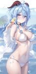  1girl absurdres ahoge bangs bikini blue_flower blue_hair blush breasts collarbone daefny eyebrows_visible_through_hair flower food ganyu_(genshin_impact) genshin_impact glasses glaze_lily hair_ornament highres horns light_smile looking_at_viewer low_ponytail medium_breasts navel nose_blush ocean popsicle shiny shiny_skin shirt sideboob sidelocks skindentation solo standing strap_gap swimsuit violet_eyes white_bikini white_shirt 