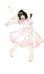  1girl absurdres animal_ears bare_legs barefoot black_hair buck_teeth commentary_request derivative_work dress floppy_ears frilled_dress frills full_body happy highres inaba_tewi korean_commentary kuya_(hey36253625) open_mouth pink_dress puffy_short_sleeves puffy_sleeves rabbit_ears rabbit_girl red_eyes short_hair short_sleeves simple_background teeth touhou translation_request white_background 