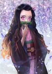  1girl absurdres bearo bit_gag black_hair fingernails flower gag gradient_hair hair_ribbon haori highres hydrangea japanese_clothes kamado_nezuko kimetsu_no_yaiba kimono long_hair looking_at_viewer multicolored_hair obi orange_hair pink_eyes pink_kimono pink_ribbon print_kimono ribbon sash sharp_fingernails signature solo standing very_long_hair 