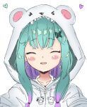  1girl animal_hood bear_hood closed_eyes colored_inner_hair earrings green_hair heart heart_earrings hololive hood hoodie jewelry mangotaingo multicolored_hair portrait purple_hair sidelocks smile solo twitter_username two-tone_hair uruha_rushia virtual_youtuber 