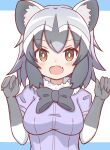 1girl :d animal_ear_fluff animal_ears black_bow black_bowtie black_hair blush bow bowtie breasts brown_eyes commentary_request common_raccoon_(kemono_friends) fang fur_collar grey_hair hands_up highres kemono_friends looking_at_viewer medium_breasts multicolored_hair puffy_short_sleeves puffy_sleeves purple_shirt raccoon_ears shirt short_sleeves smile solo sunanuko_(ramuneko) two-tone_hair upper_body white_hair 