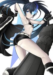  1girl absurdres armpits ass bangs belt belt_buckle bikini bikini_top_only black_bikini black_coat black_collar black_footwear black_gloves black_hair black_ribbon black_rock_shooter black_rock_shooter_(character) black_rock_shooter_(dawn_fall) black_shorts blue_eyes buckle closed_mouth coat collar eyebrows_visible_through_hair flaming_eyes flat_chest floating_hair front-tie_bikini front-tie_top gloves groin hair_between_eyes highres holding holding_clothes holding_coat long_hair micro_shorts midriff navel ribbon scar shorts solo soon_(toruto98) stomach swimsuit twintails very_long_hair white_belt 