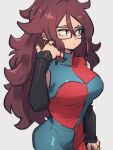  1girl android_21 breasts checkered_clothes checkered_dress closed_mouth dragon_ball dragon_ball_fighterz dress earrings glasses grey_background hair_between_eyes hoop_earrings jewelry kemachiku large_breasts long_hair looking_to_the_side redhead simple_background solo 