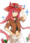  1girl absurdres belt_buckle black_choker black_shirt blue_eyes brown_jacket buckle chinese_commentary choker commentary_request cowboy_hat crop_top ears_through_headwear hand_on_headwear hand_on_hip hand_up hat highres hinata_channel jacket linpiu long_hair looking_at_viewer low-tied_long_hair midriff navel nekomiya_hinata one_eye_closed pants parted_lips pink_hair shirt simple_background sleeves_rolled_up smile solo twintails virtual_youtuber white_background white_pants 
