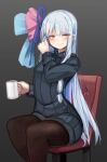  1girl at2. bangs black_sweater blue_hair blue_nails blush brown_legwear chair closed_mouth cup eyebrows_visible_through_hair feet_out_of_frame grey_background hand_up highres holding holding_cup kotonoha_aoi long_hair long_sleeves looking_at_viewer mug nail_polish on_chair pantyhose red_eyes ribbed_sweater simple_background sitting smile solo sweater very_long_hair voiceroid 