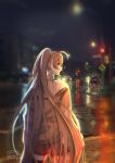  1girl ahoge blurry blurry_background brown_eyes brown_hair brown_hoodie building car chromatic_aberration city_lights crosswalk depth_of_field facing_away ground_vehicle highres hololive hololive_english hood hoodie l_yth lamppost long_hair looking_at_viewer motor_vehicle multicolored_hair nanashi_mumei neon_lights night photo_background ponytail rain red_shorts reflection reflective_water road road_sign shirt shorts sidewalk sign single_thighhigh solo streaked_hair street thigh-highs traffic_light tree very_long_hair virtual_youtuber wet_pavement white_shirt 