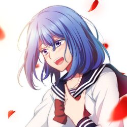  1girl :d bangs black_sailor_collar blonde_hair blush bow bowtie collarbone collared_shirt eyebrows_visible_through_hair hair_between_eyes kageki_shoujo!! kankitukou long_hair long_sleeves narata_ai open_mouth petals red_bow red_bowtie sailor_collar sailor_shirt school_uniform serafuku shiny shiny_hair shirt simple_background smile solo straight_hair upper_body violet_eyes white_background white_shirt 