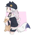  1girl animal_ear_fluff animal_ears bangs bare_shoulders bike_shorts blush bow cabbie_hat camisole chii_paws choker curly_hair fox_girl fox_tail hat heterochromia indie_virtual_youtuber long_hair mole mole_under_eye multicolored_hair oversized_clothes shorts solo streaked_hair stuffed_toy tail thick_eyebrows twintails virtual_youtuber white_camisole white_hair 