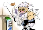  1boy 2girls blonde_hair blush drooling fishing_rod food glasses hat hidefu_kitayan izayoi_sakuya japanese_clothes maid_headdress morichika_rinnosuke multiple_girls on_person sparkle surprised tofu touhou white_hair yakumo_ran 