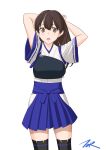  1girl alternate_hairstyle arms_behind_head black_legwear blue_hakama brown_eyes brown_hair cowboy_shot hair_down hakama hakama_short_skirt hakama_skirt highres japanese_clothes kaga_(kancolle) kaga_kai_ni_(kancolle) kantai_collection long_hair looking_at_viewer muneate simple_background skirt solo t2r tasuki thigh-highs white_background 