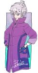  1boy absurdres ahoge bangs bede_(pokemon) border character_name closed_mouth coat commentary_request curly_hair dynamax_band eyelashes gloves grey_hair high_collar highres looking_down male_focus pokemon pokemon_(game) pokemon_swsh purple_coat short_hair smile solo t1ger_spuma violet_eyes watch watch white_border 