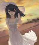  1girl :d absurdres bangs black_hair bow brown_eyes clouds collarbone dress flat_chest hand_in_hair hat hat_bow highres idolmaster idolmaster_shiny_colors looking_at_viewer morino_rinze open_mouth outdoors short_hair short_sleeves smile solo standing sun sundress sunset td_(tandeom97) tree white_bow white_dress white_headwear yellow_sky 