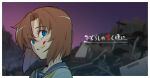  1girl bangs blood blood_on_face blue_eyes blue_sailor_collar blurry blurry_background border brown_hair closed_mouth collared_shirt copyright_name eyebrows_visible_through_hair grin gulim hair_between_eyes hair_intakes highres higurashi_no_naku_koro_ni looking_at_viewer neckerchief outside_border portrait ryuuguu_rena sailor_collar sailor_shirt shiny shiny_hair shirt short_hair smile solo white_border white_shirt yellow_neckerchief 