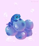  animal animal_focus artist_name blue_eyes blueberry closed_mouth commentary english_commentary food frog fruit no_humans original pikaole poison_dart_frog purple_background simple_background smile spots water water_drop watermark 