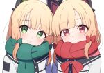  2girls afnroll black_jacket blonde_hair blue_archive blush bow cat_ear_headphones closed_mouth eyebrows_visible_through_hair green_bow green_eyes green_scarf hair_bow head_tilt headphones jacket looking_at_viewer midori_(blue_archive) momoi_(blue_archive) multicolored_clothes multicolored_jacket multiple_girls neckerchief red_bow red_eyes red_neckerchief red_scarf scarf short_hair siblings simple_background sisters twins two-tone_jacket upper_body white_background white_jacket 