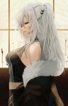  1girl animal_ears blood blood_splatter ear_piercing fang fur-trimmed_jacket fur_trim gotoh510 grey_eyes grey_hair highres hololive jacket lion_ears long_hair midriff off_shoulder piercing profile shishiro_botan signature virtual_youtuber window 