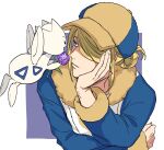  1boy blonde_hair blue_headwear blue_jumpsuit closed_mouth commentary_request flower fur_trim grey_eyes hair_bun hair_over_one_eye hand_up hat head_rest highres holding holding_flower jumpsuit male_focus multicolored_clothes multicolored_headwear pokemon pokemon_(creature) pokemon_(game) pokemon_legends:_arceus purple_flower short_hair t1ger_spuma togetic volo_(pokemon) yellow_headwear 