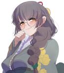  1girl at2. black-framed_eyewear blush braid breasts brown_eyes brown_hair character_request closed_mouth copyright_request eyebrows_visible_through_hair glasses lips long_hair long_sleeves looking_at_viewer medium_breasts round_eyewear single_braid smile solo upper_body 