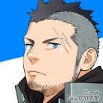  1boy black_hair black_shirt blue_eyes commentary_request facial_hair frown itto_(mentaiko) layered_clothing looking_at_viewer lowres male_focus mohawk original scar scar_across_eye shirt 