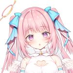  1girl angel angel_wings blue_bow blush bow breasts detached_sleeves dress hair_bow halo indie_virtual_youtuber large_breasts long_hair looking_at_viewer mashiro_mayu miko_(royal_milk) pale_skin pink_hair revealing_clothes star_(symbol) violet_eyes virtual_youtuber white_background wings 