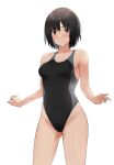  1girl amagami ass_visible_through_thighs bangs black_hair black_swimsuit blush breasts closed_mouth commentary_request competition_swimsuit cowboy_shot embarrassed highleg highleg_swimsuit highres looking_at_viewer medium_breasts nanasaki_ai one-piece_swimsuit shirt short_hair simple_background smile solo standing swimsuit white_background ykh1028 