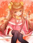  1girl absurdres aisaka_taiga animal_ears artist_request bangs black_legwear bokken bow brown_eyes brown_hair commentary_request crown eyebrows_visible_through_hair fang hair_bow highres holding holding_sword holding_weapon light_blush looking_at_viewer mini_crown open_mouth pink_bow sitting skin_fang smile solo sword tail thigh-highs tiger_ears tiger_tail toradora! weapon wooden_sword 