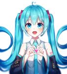  1girl :d absurdres ahoge bangs black_sleeves blue_eyes blue_hair blue_necktie collared_shirt detached_sleeves floating_hair hair_between_eyes hatsune_miku heart heart_ahoge heart_hands highres ille_(xcpa7325) long_hair long_sleeves looking_at_viewer necktie open_mouth shiny shiny_hair shirt simple_background sleeveless sleeveless_shirt smile solo twintails upper_body very_long_hair vocaloid white_background white_shirt wing_collar 