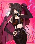  1girl beidou_(genshin_impact) breasts brown_hair crop_top ear_piercing eyepatch genshin_impact hair_ornament half_updo hand_on_hip highres large_breasts long_hair looking_at_viewer midriff nail_polish navel one_eye_covered pale_skin pants piercing red_eyes shohje smile solo 