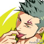  1boy commentary_request facial_hair green_eyes green_hair green_shirt hood hoodie itto_(mentaiko) lowres male_focus original shirt smile tattoo tongue tongue_out 