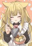  1girl :3 ^_^ ahoge animal_ears apron bangs blonde_hair blush bow bowl chopsticks closed_eyes commentary_request eyebrows_visible_through_hair fangs feeding food fox_ears fox_girl fox_tail fuwafuwa-chan_(kamiyoshi_rika) holding holding_chopsticks incoming_food kamiyoshi_rika konnyaku_(food) long_hair looking_at_viewer maid maid_apron multicolored_hair oden open_mouth orange_background original pov smile solo star_(symbol) starry_background steam tail two-tone_hair upper_body very_long_hair white_hair 