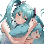  1girl :d ay6as bangs bare_shoulders blue_eyes blue_hair blue_nails blurry blush blush_stickers collared_shirt commentary eyebrows_visible_through_hair hair_between_eyes hatsune_miku headset looking_at_viewer object_hug open_mouth parted_lips shirt simple_background sleeveless sleeveless_shirt smile solid_oval_eyes solo stuffed_toy twintails twitter_username upper_body vocaloid white_background white_shirt 
