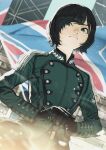  1girl bangs black_hair breasts brick_wall buttons closed_mouth flag_background gloves hair_over_one_eye highres hirate_yurina holding keyakizaka46 looking_at_viewer military military_uniform mole mole_under_mouth multicolored_background own_hands_together short_hair small_breasts standing uniform 