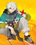  1boy absurdres bag bandages bandaid bandana bennett_(genshin_impact) blonde_hair fashion genshin_impact green_eyes handbag headphones highres long_sleeves looking_at_viewer male_focus one_eye_closed pale_skin pants shoes shohje sneakers solo sweater 