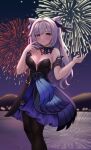  1girl bare_shoulders black_bow black_legwear blush bow breasts choker closed_mouth commentary_request cowboy_shot dress eyebrows_visible_through_hair fireworks genshin_impact hair_bow hair_cones hands_up highres keqing_(genshin_impact) keqing_(opulent_splendor)_(genshin_impact) long_hair looking_at_viewer medium_breasts multicolored_clothes multicolored_dress off-shoulder_dress off_shoulder pantyhose purple_hair ribbon_choker smile solo soukoku twintails violet_eyes 