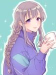  1girl :d bandaid bandaid_on_face blue_background braid codamaxxx coffee_mug cup grey_hair holding holding_cup idolmaster idolmaster_shiny_colors jersey looking_at_viewer looking_to_the_side mug outline simple_background smile solo sparkle_print twin_braids violet_eyes white_outline yuukoku_kiriko 