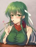 1girl awayuki_ramika bare_shoulders blush breasts chocolate dress fire_emblem fire_emblem:_mystery_of_the_emblem food food_in_mouth green_dress green_eyes green_hair grey_background headband holding holding_food large_breasts long_hair looking_at_viewer mouth_hold palla_(fire_emblem) pocky scarf simple_background skin_tight sleeveless sleeveless_dress solo table twitter_username upper_body white_headband 