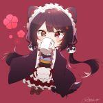  1girl absurdres animal_ears apron brown_eyes brown_hair brown_kimono chibi cup dog_ears dog_girl dog_hair_ornament flower hair_flower hair_ornament heterochromia highres holding holding_cup inui_toko japanese_clothes kimono long_hair low_twintails maid_apron mug nijisanji red_background red_eyes redhead shigure_(sigre) solo twintails twitter_username virtual_youtuber wa_maid 
