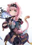 1girl animal_ears arknights bangs blue_bow bow braid brown_eyes cat_ears cat_girl cat_tail closed_mouth commentary_request eyebrows_visible_through_hair frilled_skirt frills goldenglow_(arknights) hair_bow hair_over_shoulder highres holding holding_staff jacket lightning_bolt_symbol open_clothes open_jacket orb puffy_short_sleeves puffy_sleeves purple_jacket purple_skirt shirt short_sleeves simple_background single_braid skirt solo staff tail white_background white_shirt yowamushi 