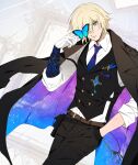  1boy belt black_vest blue_butterfly blue_necktie bug butterfly collared_shirt dainsleif_(genshin_impact) fashion formal genshin_impact highres keychain long_sleeves looking_at_viewer male_focus necktie one_eye_covered pale_skin shirt shohje solo starry_sky_print vest white_shirt 