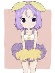  1girl :o absurdres bangs bare_arms bare_shoulders blush_stickers breasts brown_background cheerleader collarbone commentary_request dress eyebrows_visible_through_hair feet_out_of_frame hair_ribbon highres hiiragi_tsukasa lucky_star parted_bangs parted_lips pleated_dress pom_pom_(cheerleading) purple_dress purple_hair ribbon rururu_(pyrk8855) sleeveless sleeveless_dress small_breasts solo standing two-tone_background violet_eyes white_background yellow_ribbon 