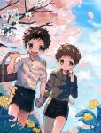  2boys bag clouds cloudy_sky couple day flower hand_on_own_face highres holding_hands implied_yaoi looking_at_viewer male_focus multiple_boys original short_hair short_sleeves shorts sky teeth umibatari 