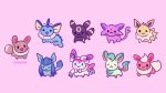  :&lt; animal animal_focus artist_name blush bow closed_eyes closed_mouth commentary eevee espeon fins flareon frown glaceon jolteon leafeon looking_at_viewer no_humans one_eye_closed open_mouth pikaole pink_background pokemon pokemon_(creature) simple_background standing sylveon umbreon vaporeon 