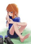  1girl aketa_chika barefoot blush grass highres idolmaster idolmaster_cinderella_girls legwear_removed long_hair orange_hair shoes shoes_removed short_shorts shorts sitting smelling_feet soccer_uniform solo sportswear sweat toes violet_eyes yuuki_haru 